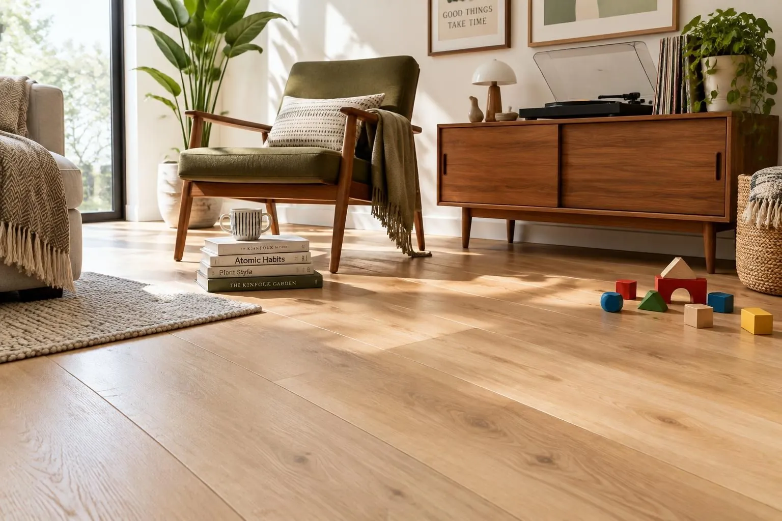 Modern living room with light oak laminate flooring and a mid-century lounge chair