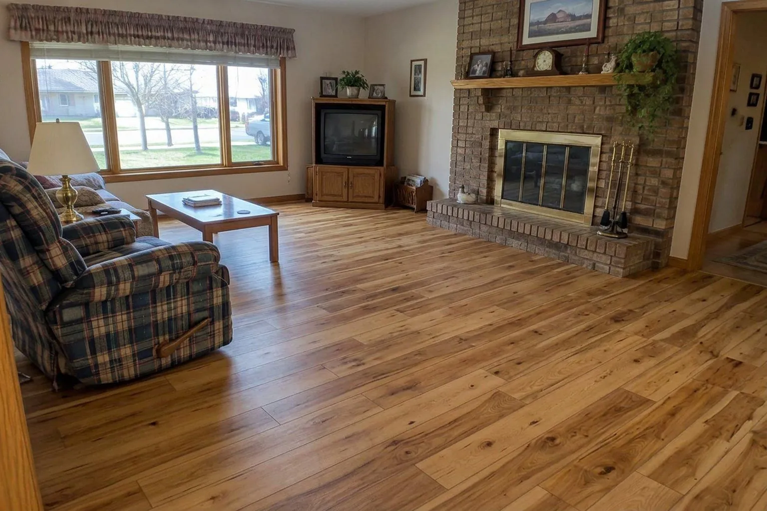 A dated living room re-floored with hickory plank by the AI visualizer, after
