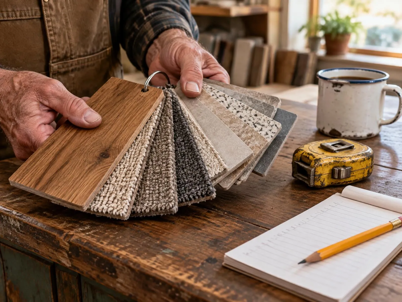 Weathered hands fanning out flooring samples on a wooden counter next to a coffee mug and tape measure